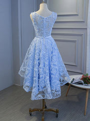Light Blue High Low Homecoming Dresses , Blue Party Dress with Belt, Cute Formal Dresse