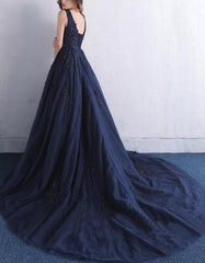 Navy Blue Long Tulle Formal Gowns, V-neckline Prom Dress, Elegant Formal Dress