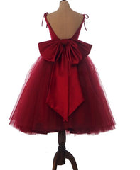 Charming Dark Red Tulle Vintage Tea Length Party Dress, Formal Dress with Bow, Lovely Party Dresses
