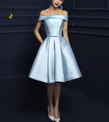 Cute Satin A-line Short Homecoming Dress , Off Shoulder Lace-up Formal Dress
