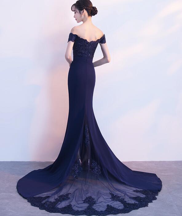 Navy Blue Elegant Spandex Mermaid Prom Dress with Off Shoulder Style, Pretty Party Dresses, Formal Dress