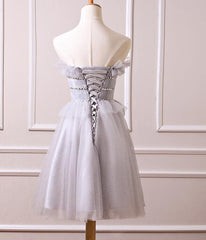 Grey Tulle Beaded Short Party Dress, Grey Tulle Formal Dress, Homecoming Dress