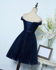Navy Blue Short Bridesmaid Dress, Summer Wedding Party Dress, Off Shoulder Homecoming Dress