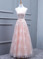 Tulle Pearl Pink Tulle V Back Long Elegant Party Dress, Pink Party Dress, Bridesmaid Dress