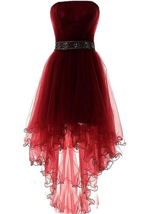 Dark Red High Low Formal Dress with Beaded Belt, High Low Formal Dress, Tulle Party Dresses