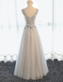 Grey Tulle Long Lace Applique A-line Party Dress, Long Formal Dress, Grey Floor Length