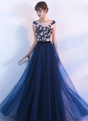 Navy Blue Pretty Lace Applique Long Evening Party Dress, Blue Prom Dress , Beautiful Gowns