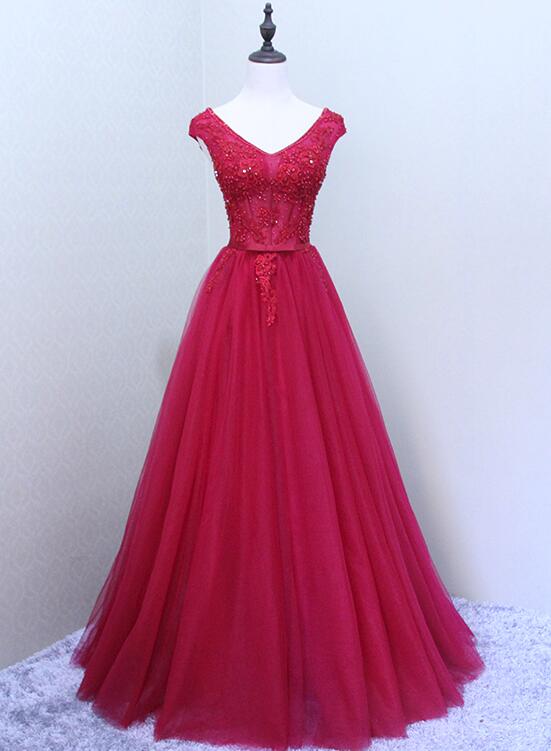 Red V Back Beaded Lace-up with Applique Gorgeous Party Dress, Pretty Formal Dress, Dark Red Party Dress
