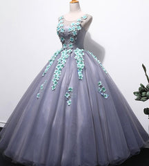 Grey Tulle Round Floor Length Gorgeous Sweet 16 Dresses, Princess Party Dress, Formal Gowns
