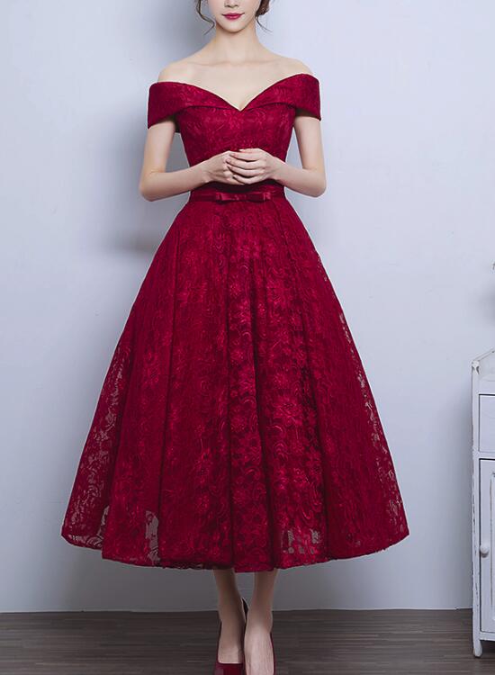 Wine Red Lace High Quality Tea Length Off Shoulder Evening Party Dress, Gorgeous Party Gowns, Lace Formal Dresses