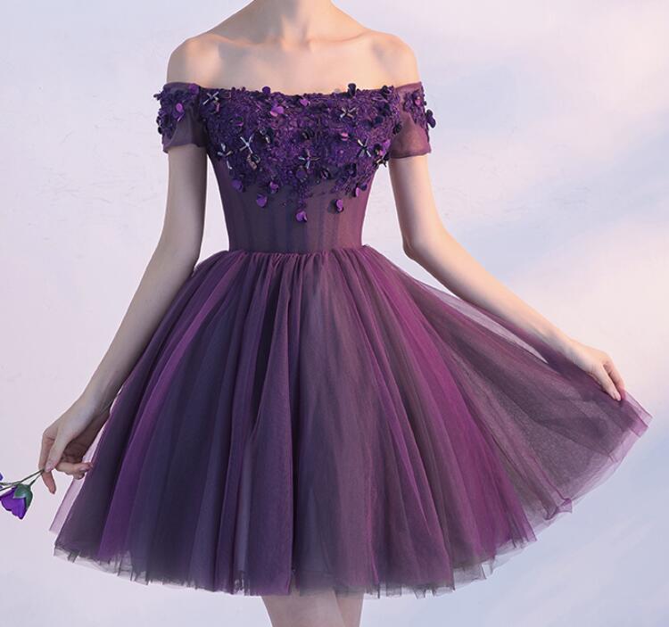 Dark Purple Off Shoulder Knee Length Homecoming Dress , Lovely Formal Cutedressy Dark Purple Off Shoulder Knee Length Homecoming Dress , Lovely Formal Cutedressy