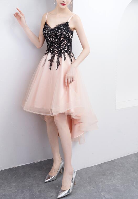 Lovely Straps Black Lace and Tulle Pink High Low Party Dresses, Lovely Formal Dress, Cute Party Dresses
