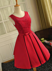 Cute Red Satin Round Neckline Party Dresses, Satin Homecoming Dresses, Short Prom Dress