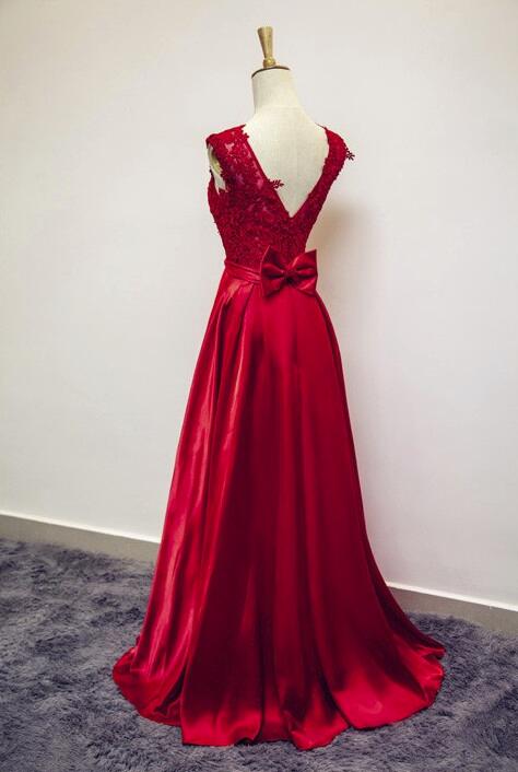 Beautiful Red Satin Lace Applique Long Party Dress, Long Formal Dresses, Red Prom Dresses