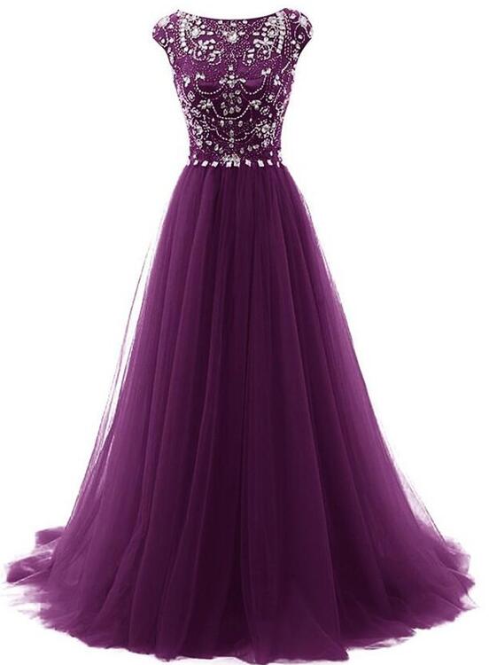 Tulle Beaded Dark Purple Long Formal Dresses, Gorgeous Formal Gowns, Prom Dress