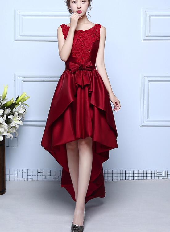 Wine Red Satin and Lace High Low Homecoming Dress , Lovely Formal Dresses