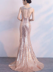 Pearl Pink Sequins Mermaid Long Prom Dress , Long Formal Gowns