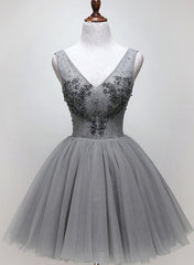 Grey Homecoming Dress, Beaded Short Formal Dress, Lovely Grey Prom Dress