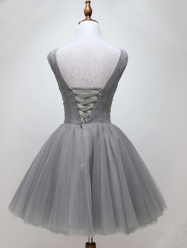 Grey Homecoming Dress, Beaded Short Formal Dress, Lovely Grey Prom Dress