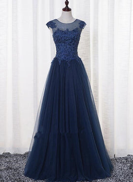 Beautiful Handmade Navy Blue Prom Dresses , Long Round Neckline Party Dresses