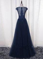 Beautiful Handmade Navy Blue Prom Dresses , Long Round Neckline Party Dresses