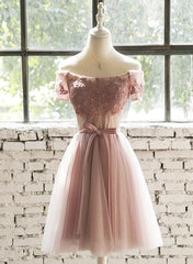 Dark Pink Off Shoulder Knee Length Bridesmaid Dresses, Cute Wedding Party Dresses