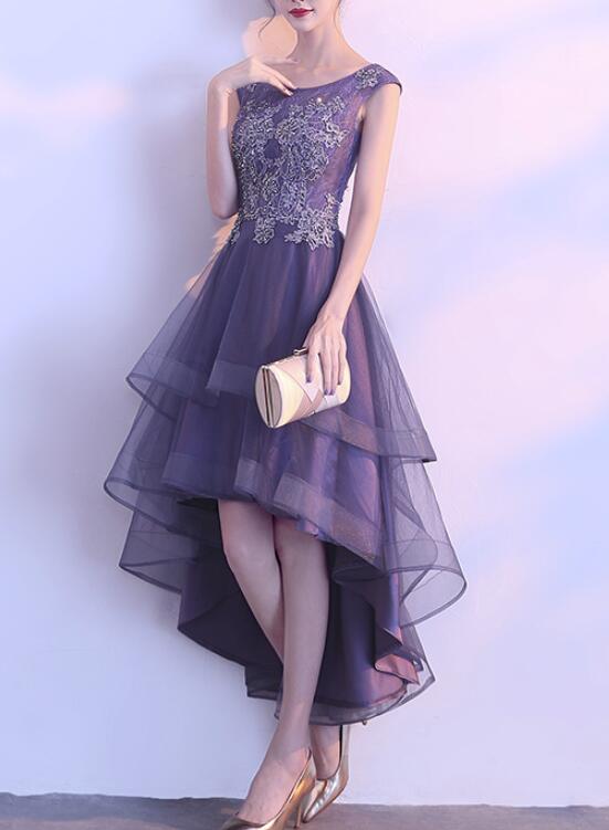 Grey-Purple High Low Round Neckline Party Dresses, Cute Party Dresses in Stock