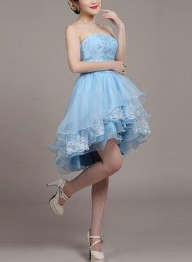 Light Blue Lace and Organza High Low Dresses, High Low Party Dresses, Cute Teen Dresses