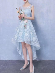Light Blue Lace High Low Wedding Party Dresses, Elegant Formal Dresses, Prom Dresses