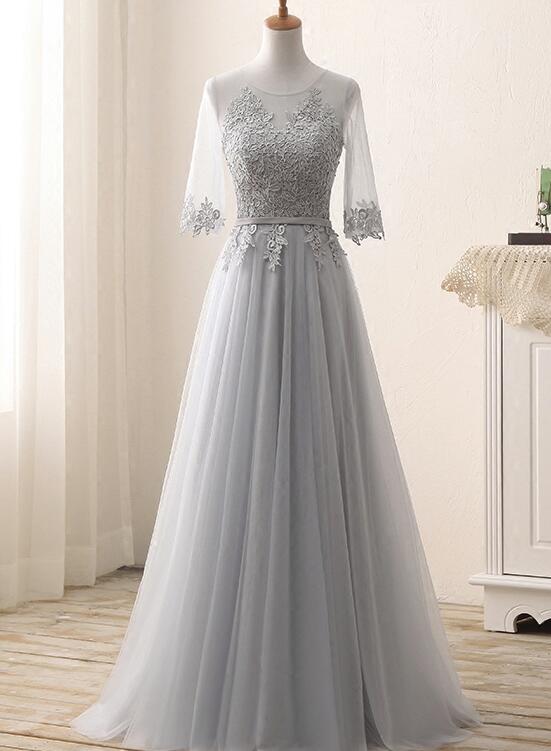 Grey 1/2 Sleeves Lace and Tulle Bridesmaid Dresses, Bridesmaid Dress , Party Dresses