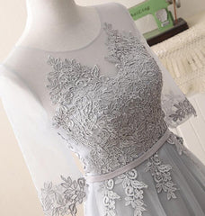 Grey 1/2 Sleeves Lace and Tulle Bridesmaid Dresses, Bridesmaid Dress , Party Dresses