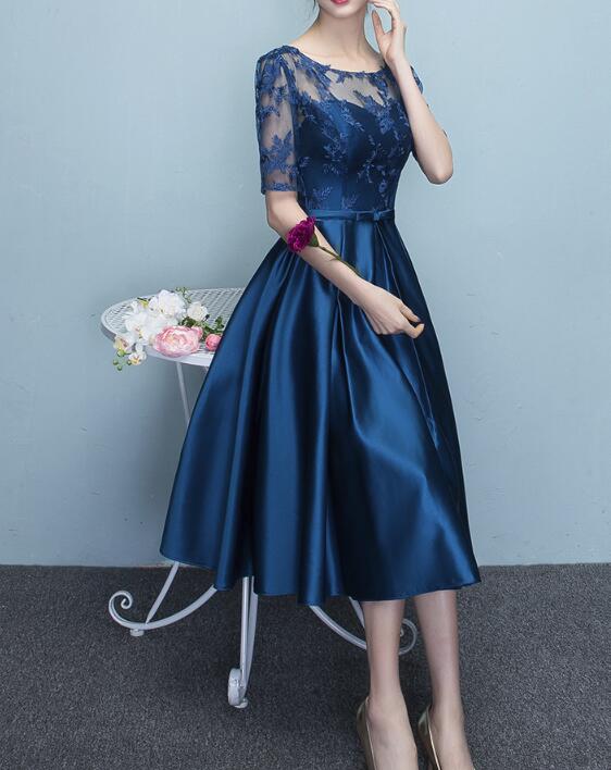 Blue Short Sleeves Tea Length Formal Dress, Blue Bridesmaid Dresses, W Cutedressy Blue Short Sleeves Tea Length Formal Dress, Blue Bridesmaid Dresses, W Cutedressy