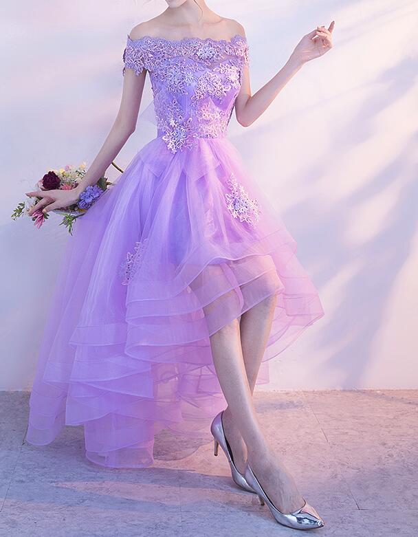 Lavender High Low Scoop Off Shoulder Party Dress, Cute Teen Party Dres Cutedressy Lavender High Low Scoop Off Shoulder Party Dress, Cute Teen Party Dres Cutedressy