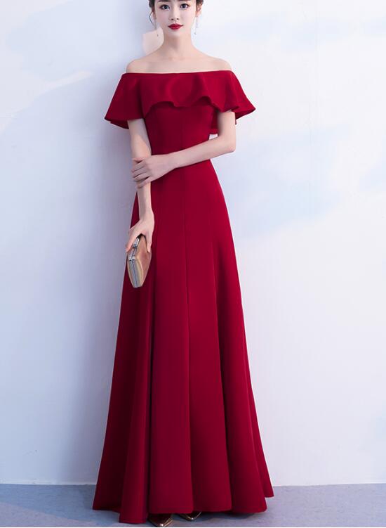 Lovely Dark Red Off Shoulder Floor Length Wedding Party Dress, A-line Prom Dress