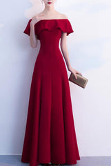 Lovely Dark Red Off Shoulder Floor Length Wedding Party Dress, A-line Prom Dress