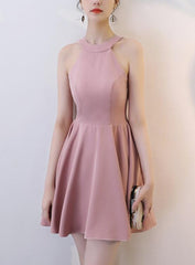Chiffon Pink Halter Mini Party Dress, Halter Homecoming Dress, Short Prom Dress