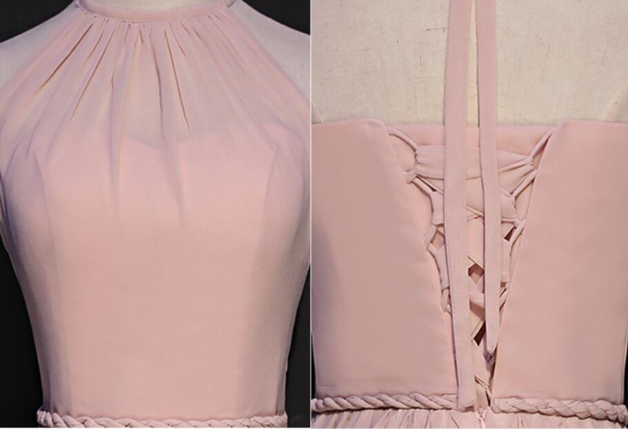Light Pink Chiffon Halter Floor Length Prom Dress, Halter Bridesmaid Dress