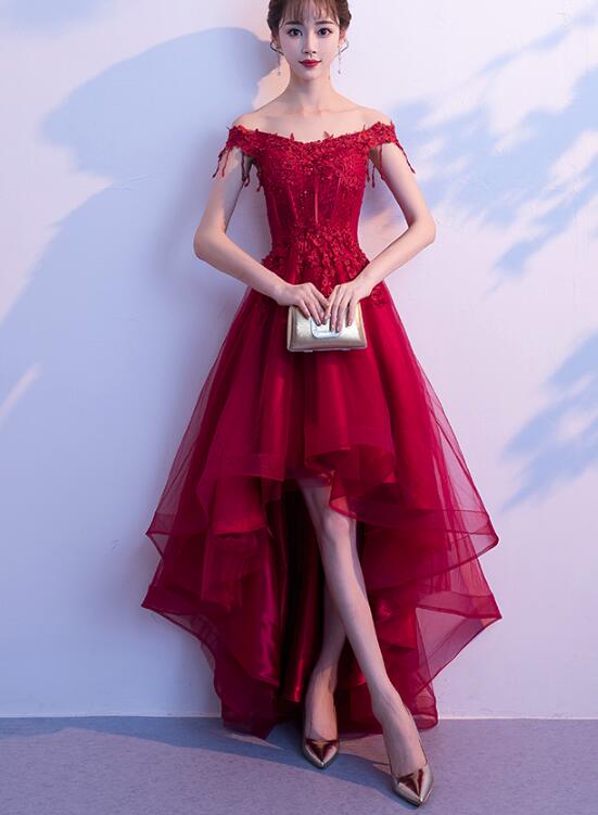 Dark Red High Low Dress, Beautiful Tulle and Lace Prom Dress, Formal Gown