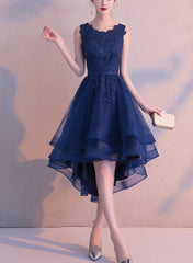 Charming Blue High Low Round Neckline Stylish Party Dress, Cute Formal Dress