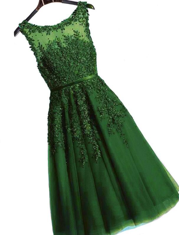 Dark Green Vintage Style Tea Length Formal Gown, Handmade Party Dress
