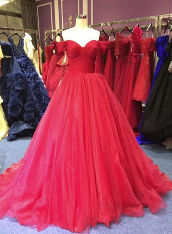 Red Off Shoulder Tulle Prom Gown, Sweet 16 Party Gown, Charming Red Formal Dress