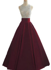 Wine Red Sequins and Beaded Backless Satin Formal Gown, Handmade Party Dress