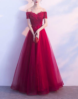 Dark Red Tulle Off Shoulder Elegant Junior Prom Dress, Junior Party Dress, Formal Dress