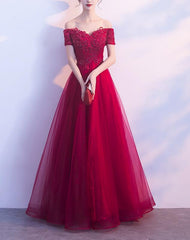 Dark Red Tulle Off Shoulder Elegant Junior Prom Dress, Junior Party Dress, Formal Dress