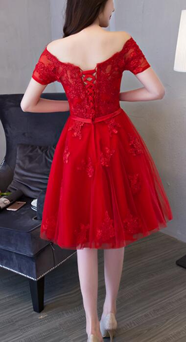 Red Short Sleeves Applique and Tulle Prom Dress, Red Formal Dress