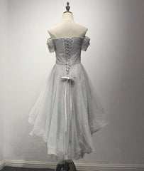 Grey Off Shoulder Lace and Tulle High Low Homecoming Dress, Cute Junior Prom Dress