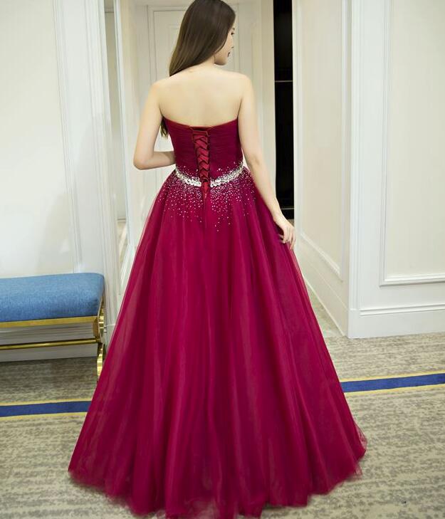 Beautiful Dark Red Tulle Sweetheart Beaded Long Formal Gown, Charming Party Dresses
