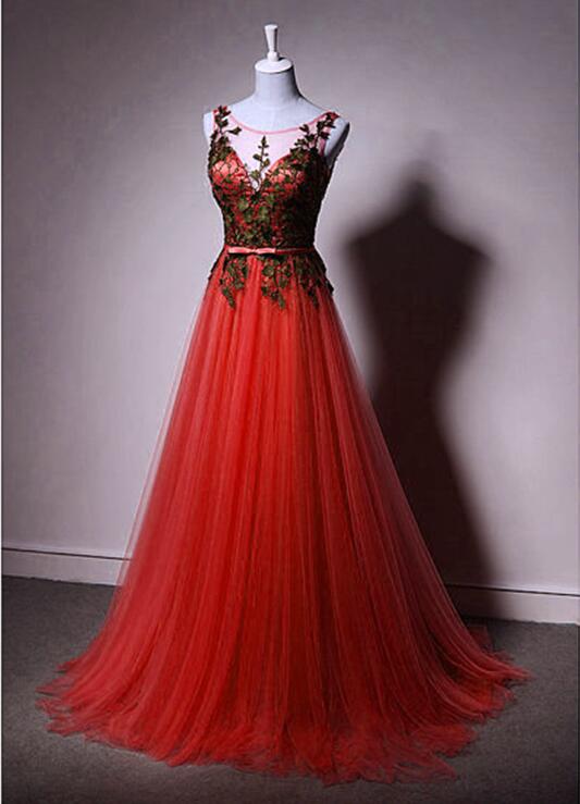 Red Tulle Formal Gown with Black Lace Applique Formal Dress , Charming Prom Gown
