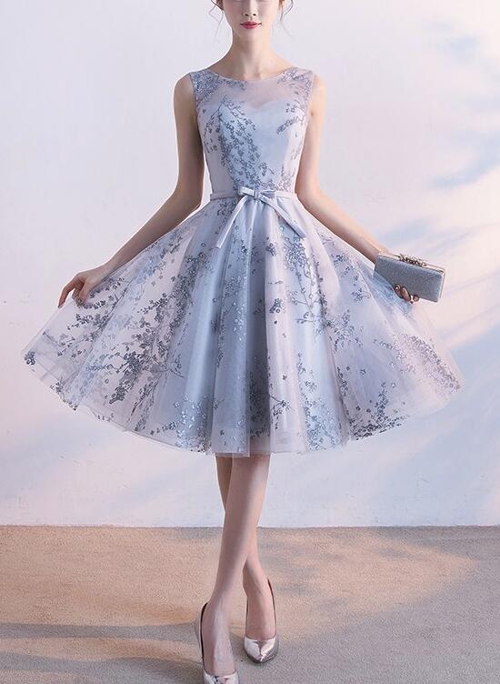 Light Grey Short Tulle with Applique Party Dress, Beautiful Homecoming Dresses