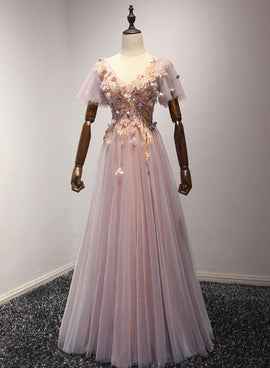 Pink Short Tulle Floor Length Prom Gown, Floor Length Formal Dresses